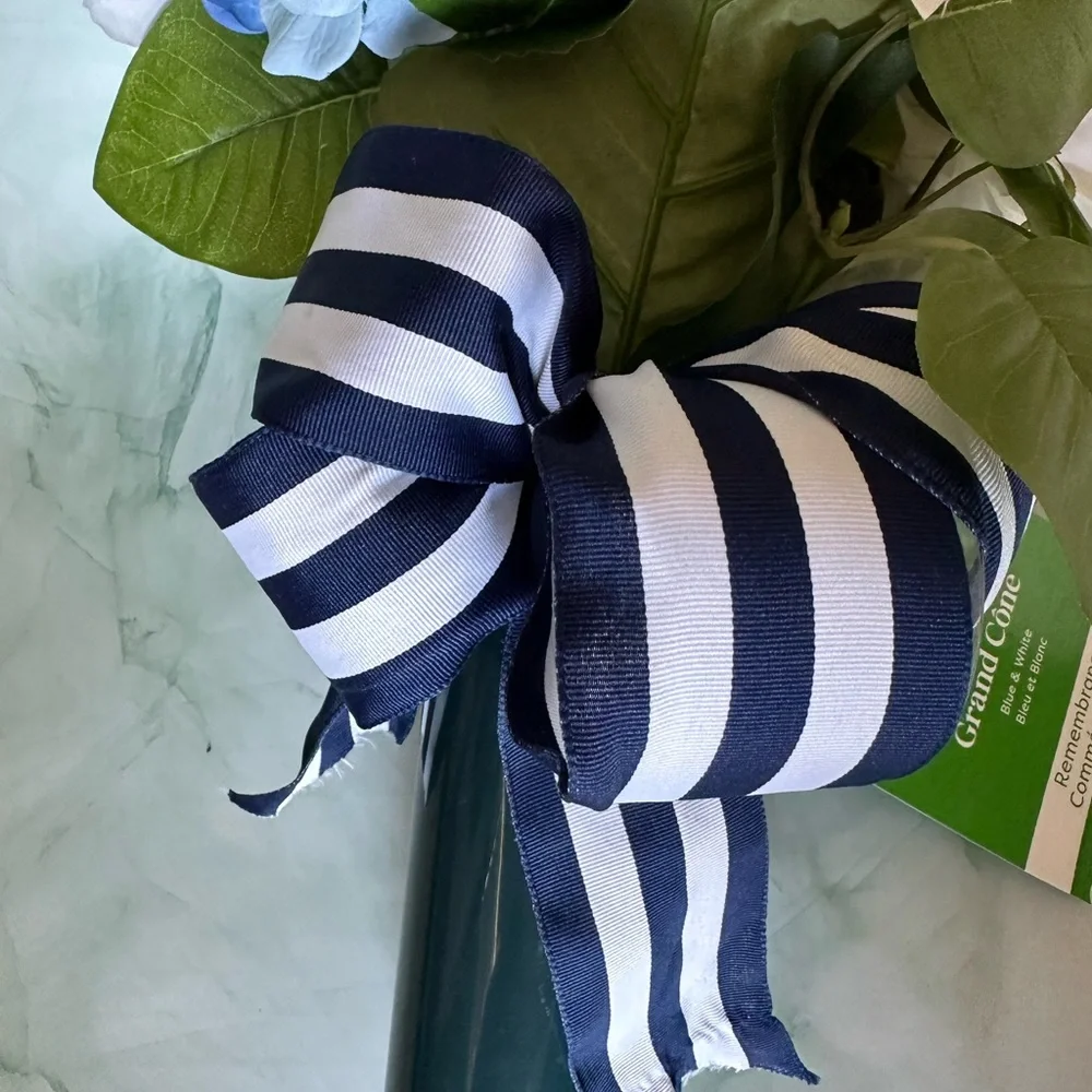 New with Tags Blue & White Artificial Floral Cone Arrangement with Striped Bow